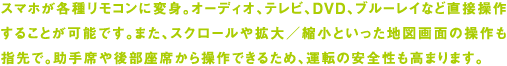 スマホが各種リモコンに変身。オーディオ、テレビ、DVD、ブルーレイなど直接操作することが可能です。また、スクロールや拡大／縮小といった地図画面の操作も指先で。助手席や後部座席から操作できるため、運転の安全性も高まります。